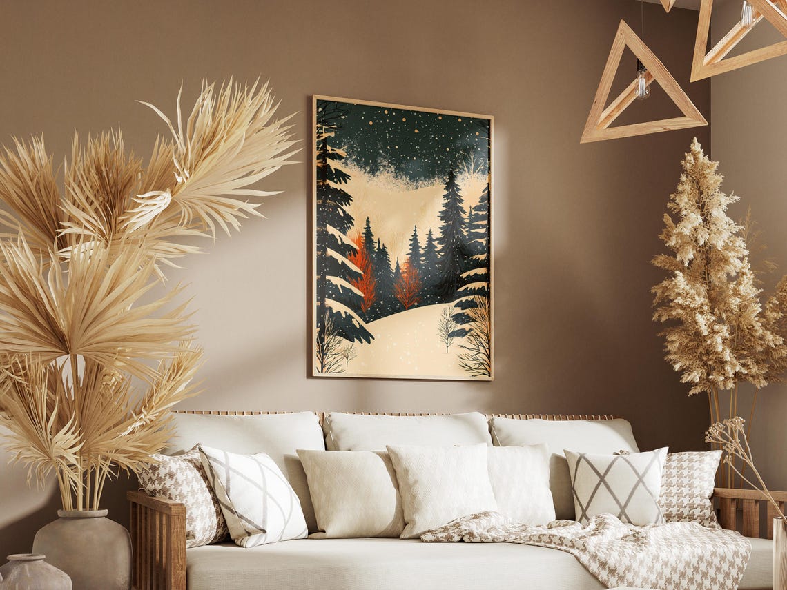 Snowy Pine Forest Under Starry Night Sky Winter Wonderland Poster - Image 3