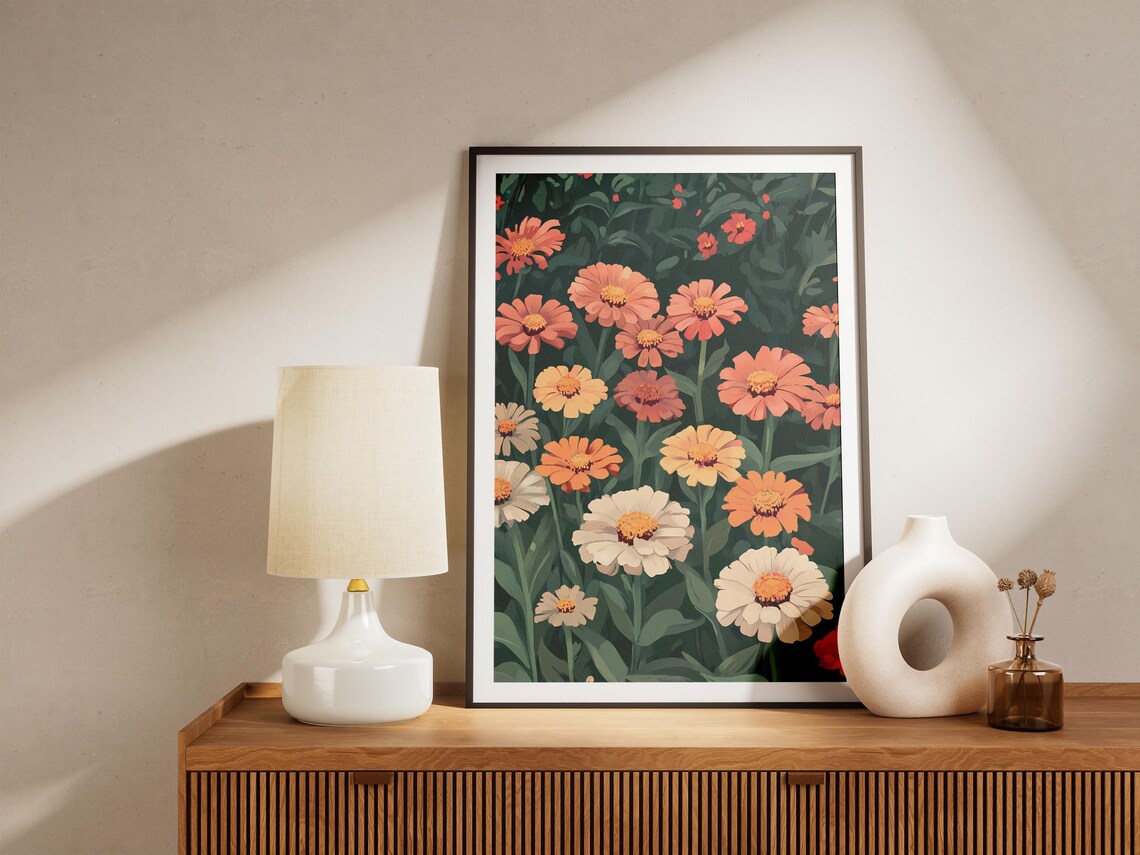 Colorful Zinnias Blooming in Orange Pink Yellow and Cream Poster - Image 5
