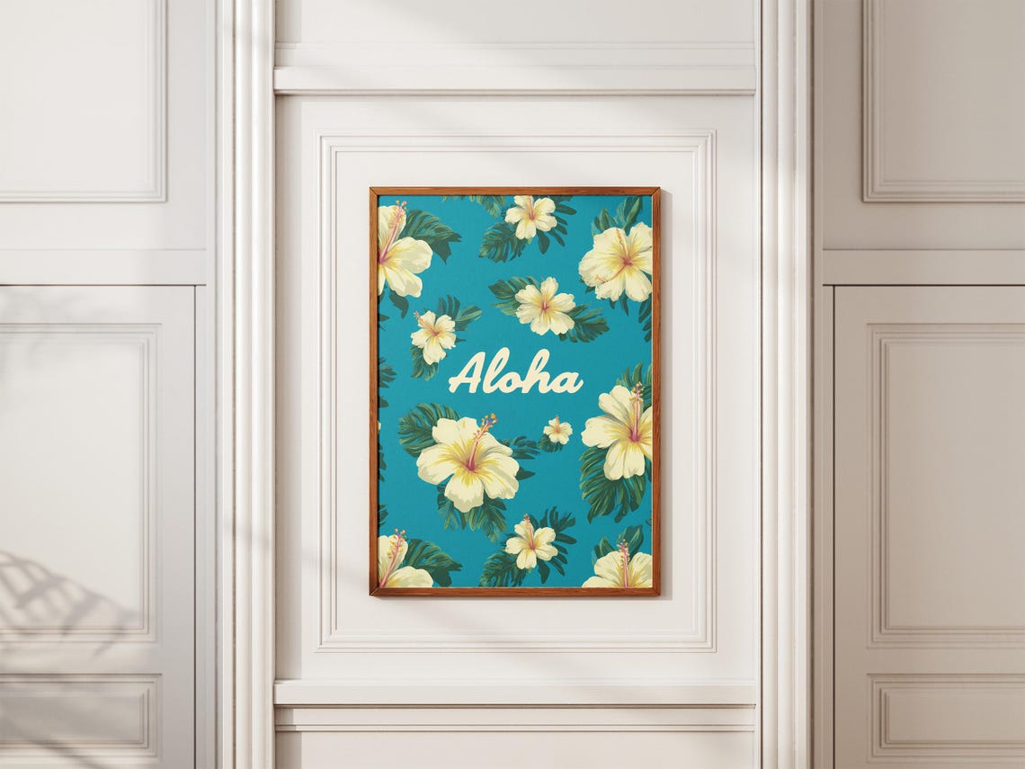 Aloha Hawaiian Hibiscus Floral Pattern On Turquoise Blue Poster - Image 2