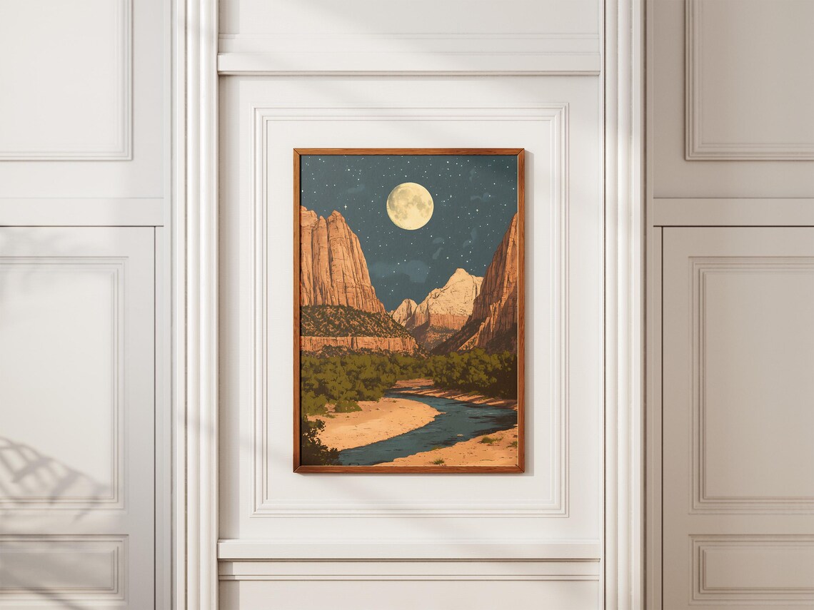 Zion National Park Utah Moonlit Desert Canyon River Starry Night Poster - Image 2