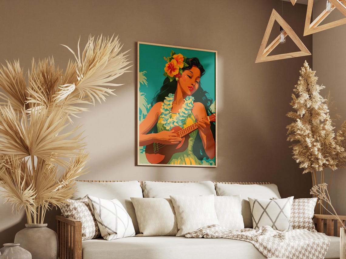 Hawaiian Hula Dancer Playing Ukulele Tropical Island Music Art Poster - Image 3