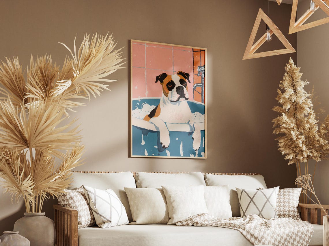 Boxer Dog Soaking in Blue Bathtub Bubble Bath Retro Style Poster - Image 3