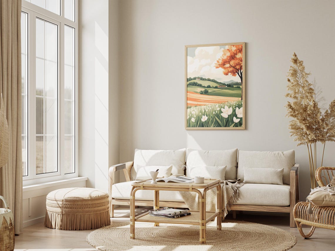 Spring Farm Countryside With White Flower Meadow Village Poster - Image 4