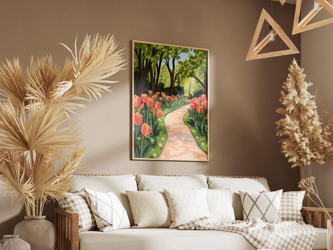 Orange Tulips Along Winding Park Pathway Spring Flower Poster - Image 3