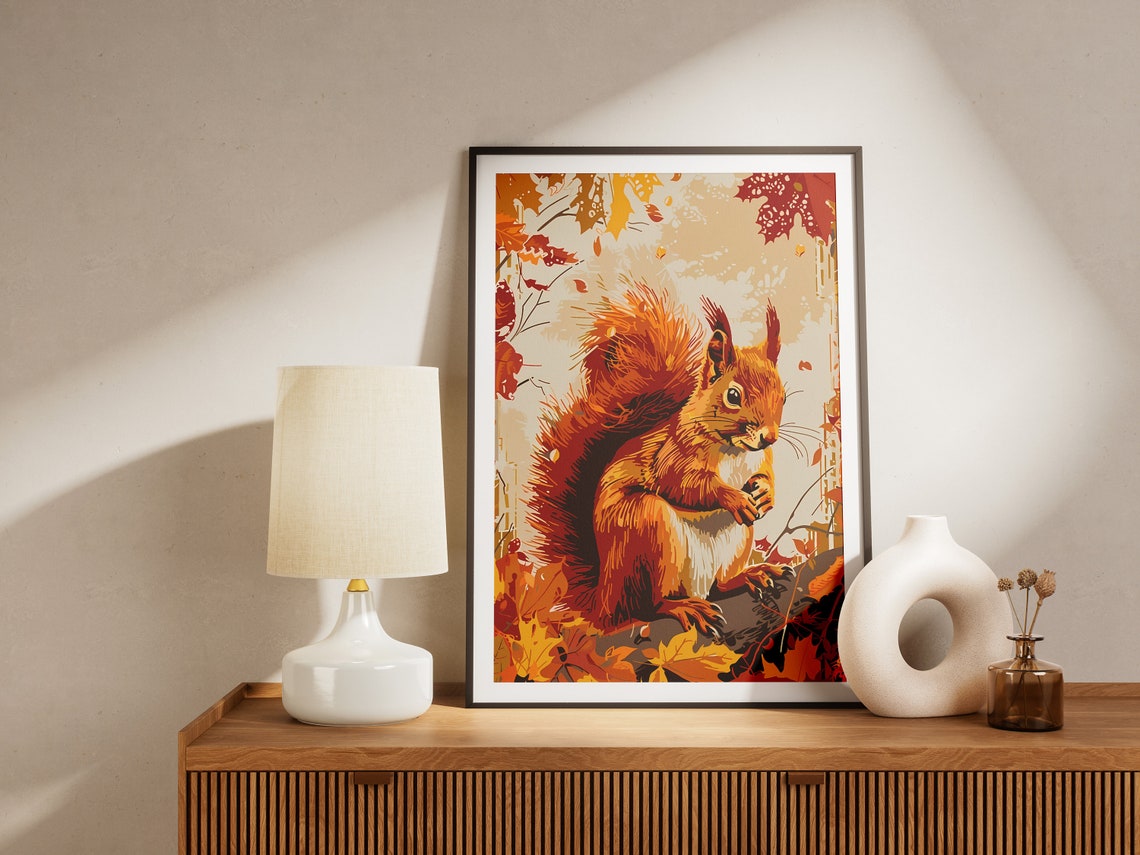 Red Squirrel Autumn Leaves Rustic Fall Woodland Animal Poster - Image 2