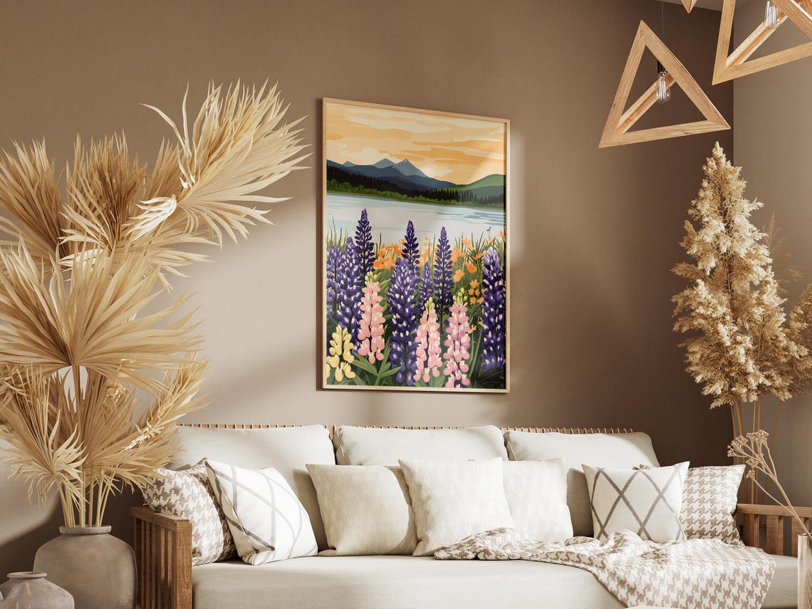 Sunset Lupine Meadow by a Calm Mountain Lake Wildflower Art Poster - Image 3