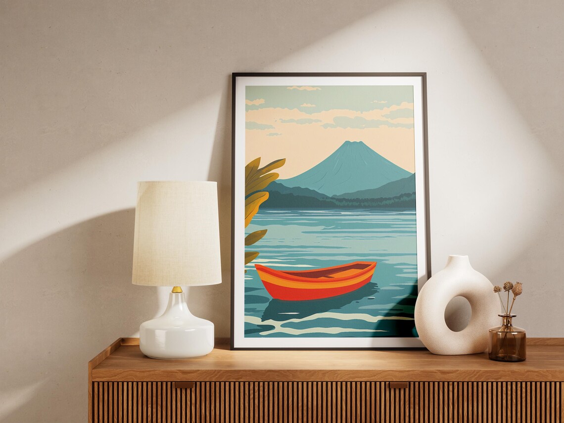 Lake Atitlan Orange Canoe Volcano Lake Retro Style Travel Poster - Image 4