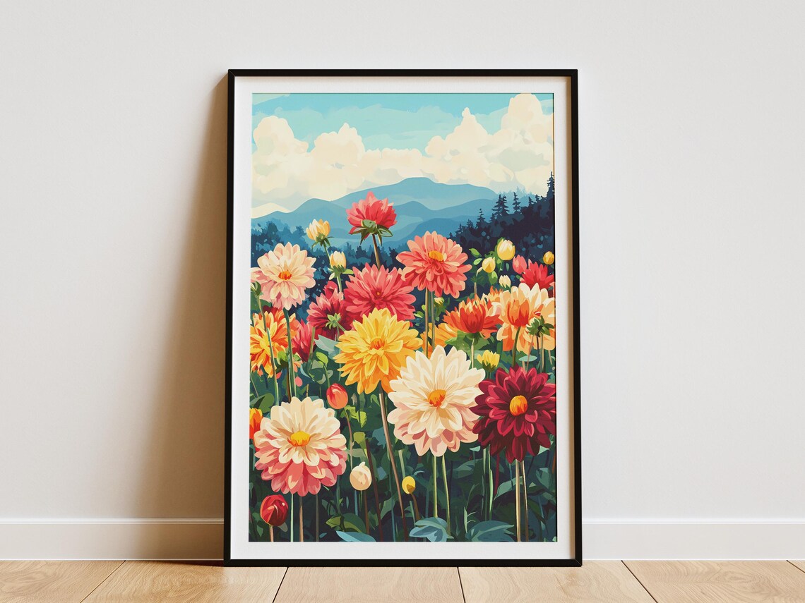 Colorful Dahlia Garden With Blue Mountains Behind Summer Art Poster