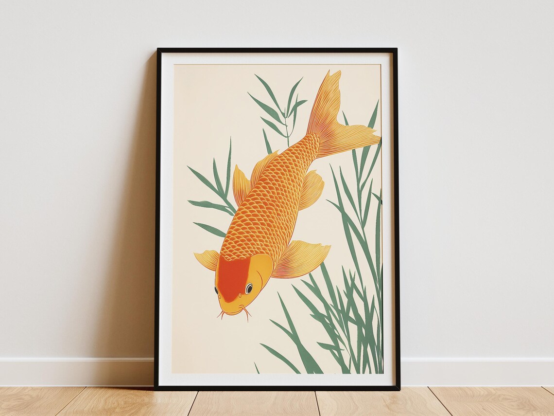 Golden Koi Fish Swimming Among Green Reeds Cream Background Poster