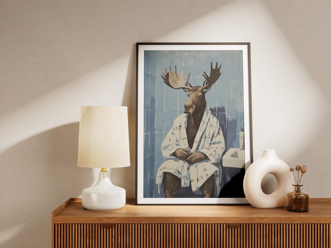 Moody Moose In White Bathrobe Blue Tile Bathroom Animal Poster - Image 5