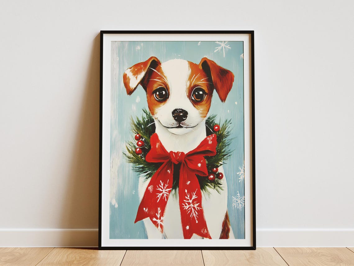 Cute Dog With Christmas Wreath Vintage Holiday Poster Print Dog Lover Gift Xmas Puppy Adorable Pet Art Festive Canine Illustration Winter