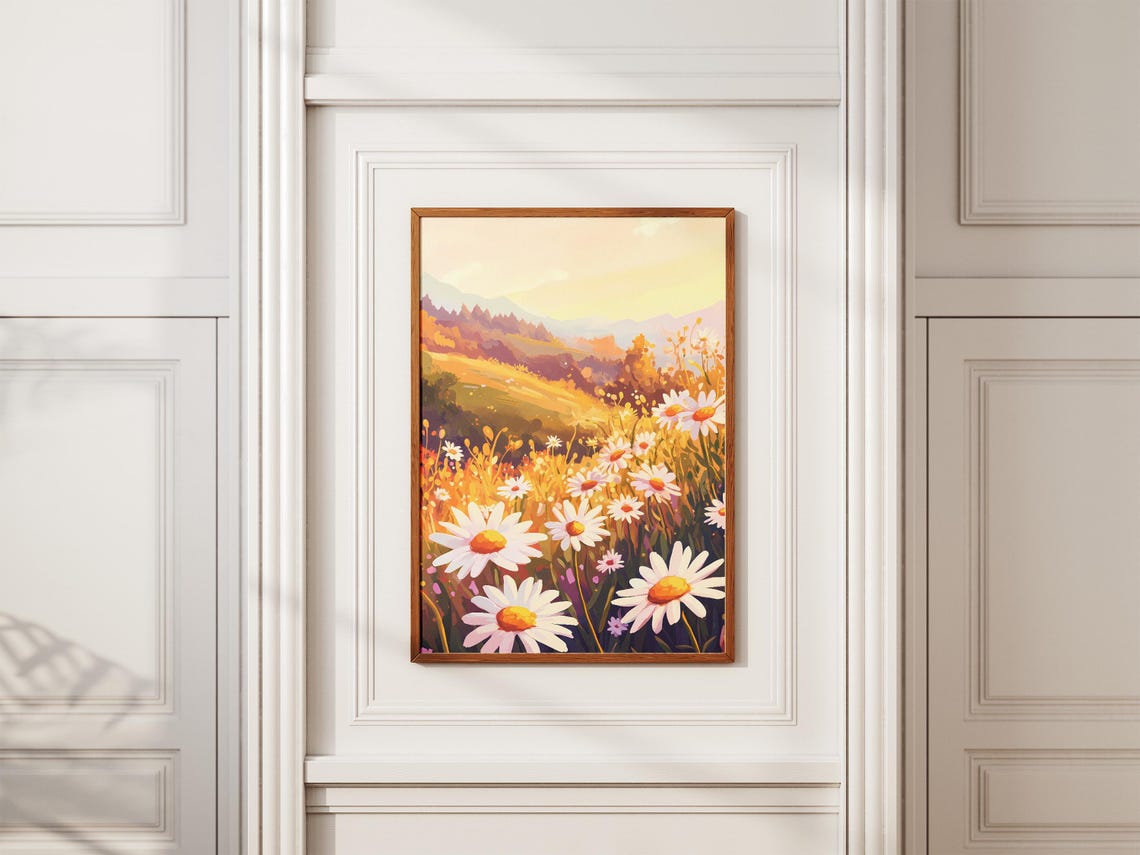 White Daisy Meadow Golden Hour Mountain View Dreamy Floral Poster - Image 2