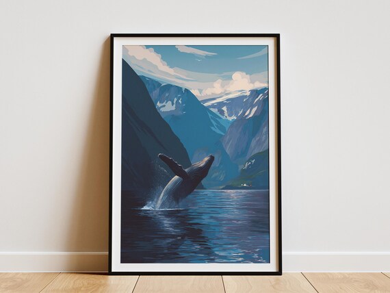 Majestic Whale Breaching Northern Fjord Travel Poster Print Scandinavian Mountain Landscape Ocean Wall Art Minimalist Coastal Decor Nature