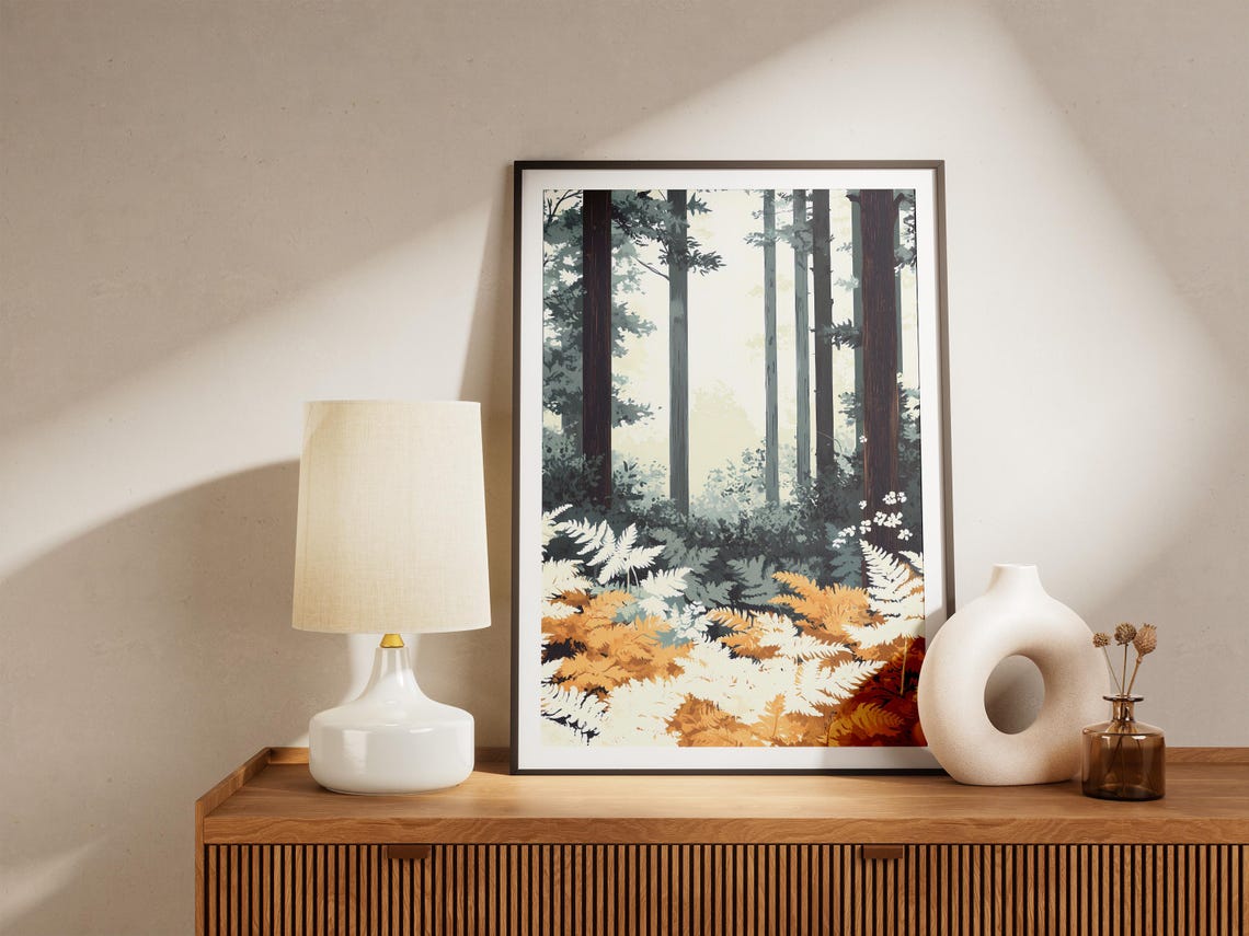 Misty Pine Forest With Golden Ferns Botanical Nature Art Poster - Image 5