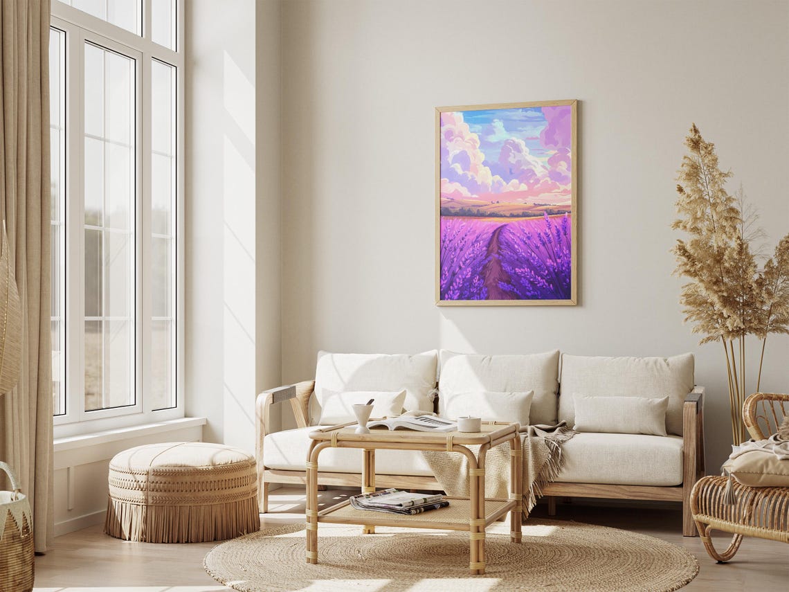 Lavender Path Billowing Pink Sunset Clouds Dreamy Landscape Poster - Image 4