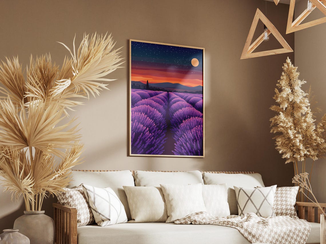 Purple Lavender Field Under Night Sky Poster With Moon and Stars - Image 3