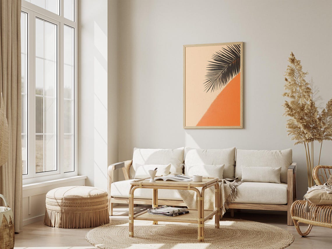 Orange Beach and Black Palm Frond Minimalist Tropical Poster - Image 4