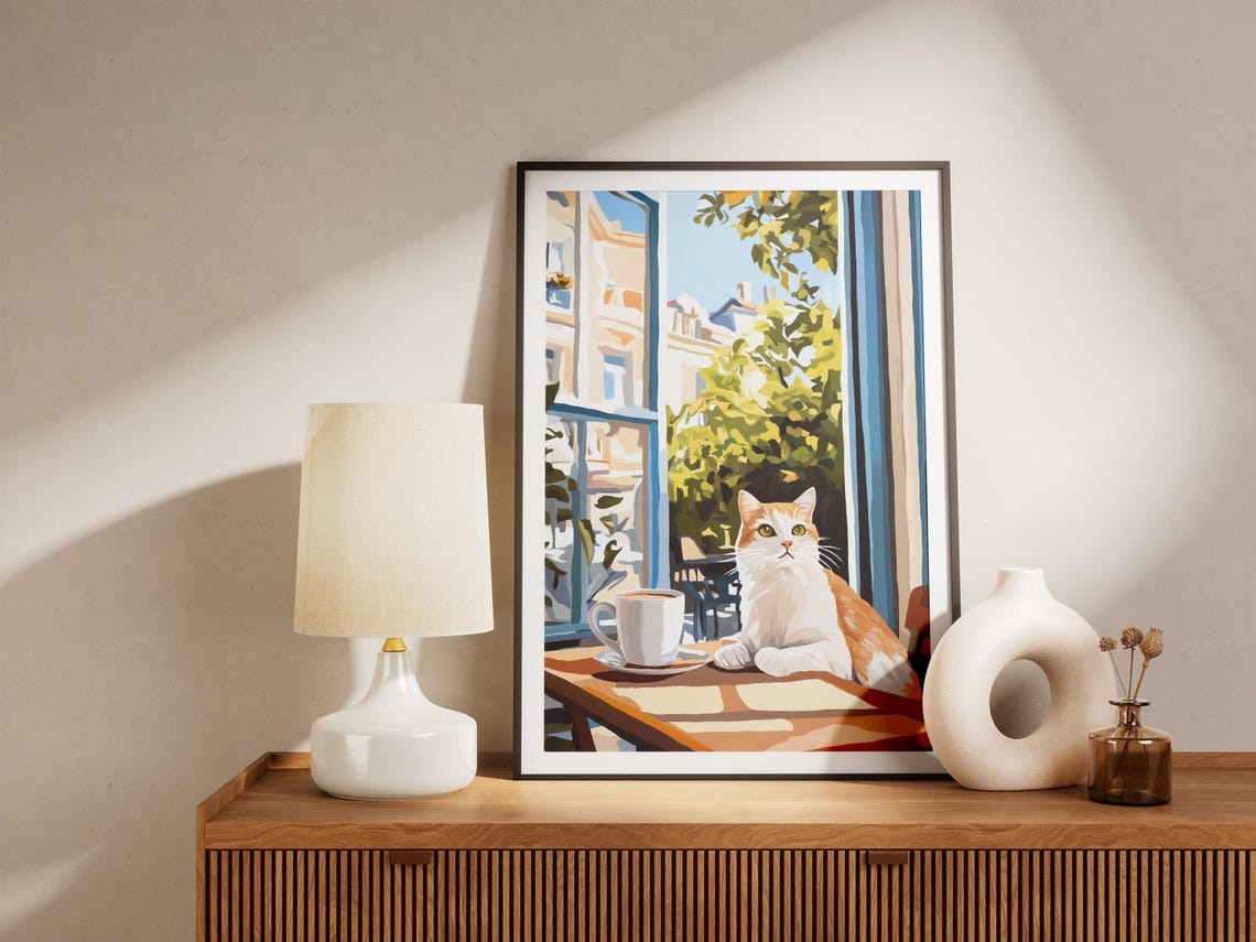 Orange and White Cat With Coffee Sunny Cafe Window Art Poster - Image 4