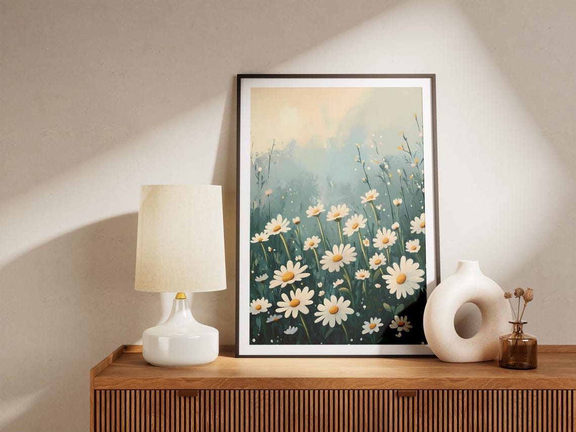 White Daisies Misty Pale Meadow Calm Botanical Flower Poster - Image 5