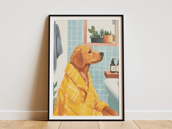Golden Retriever Dog Bathrobe Poster Funny Bathroom Art Print Pet Lover Gift Cute Animal Wall Decor In Robe
