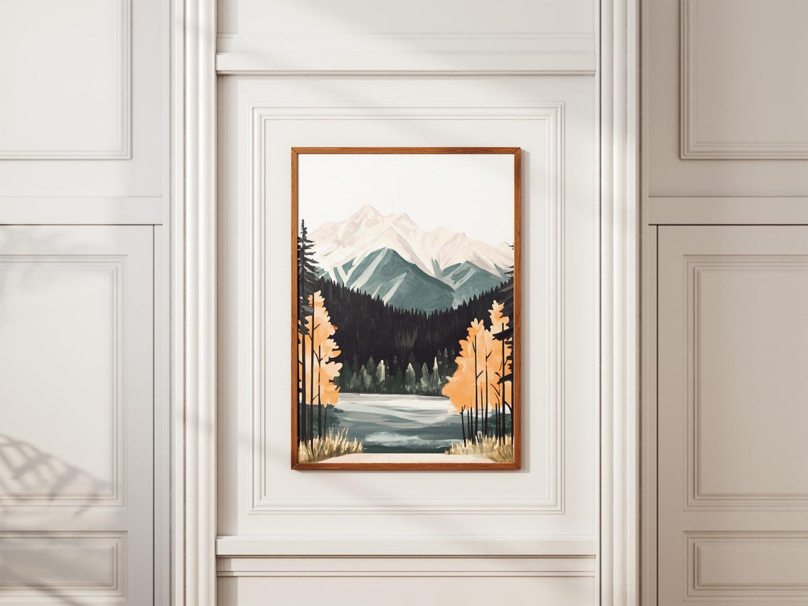 Golden Larch Trees by a Still Misty Mountain Lake Autumn Poster - Image 2