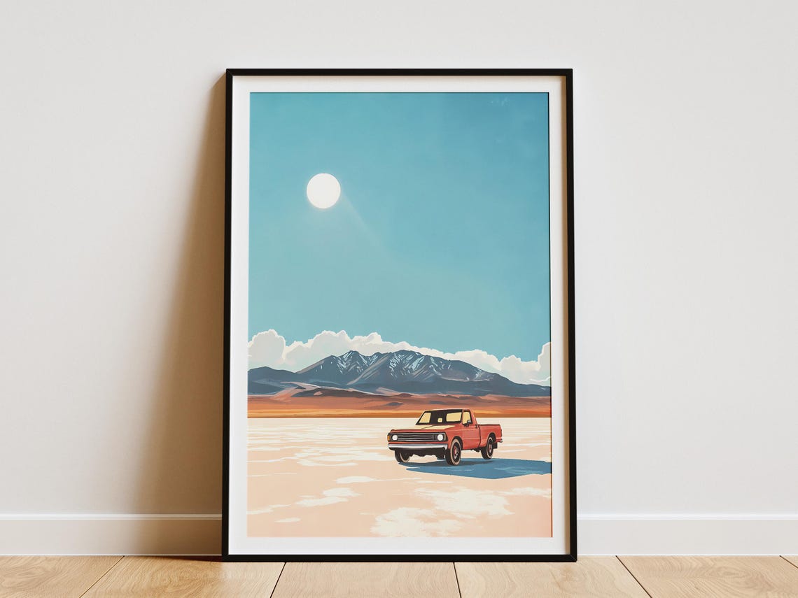 Vintage Red Pickup Truck on Vast Desert Salt Flat Poster Road Trip