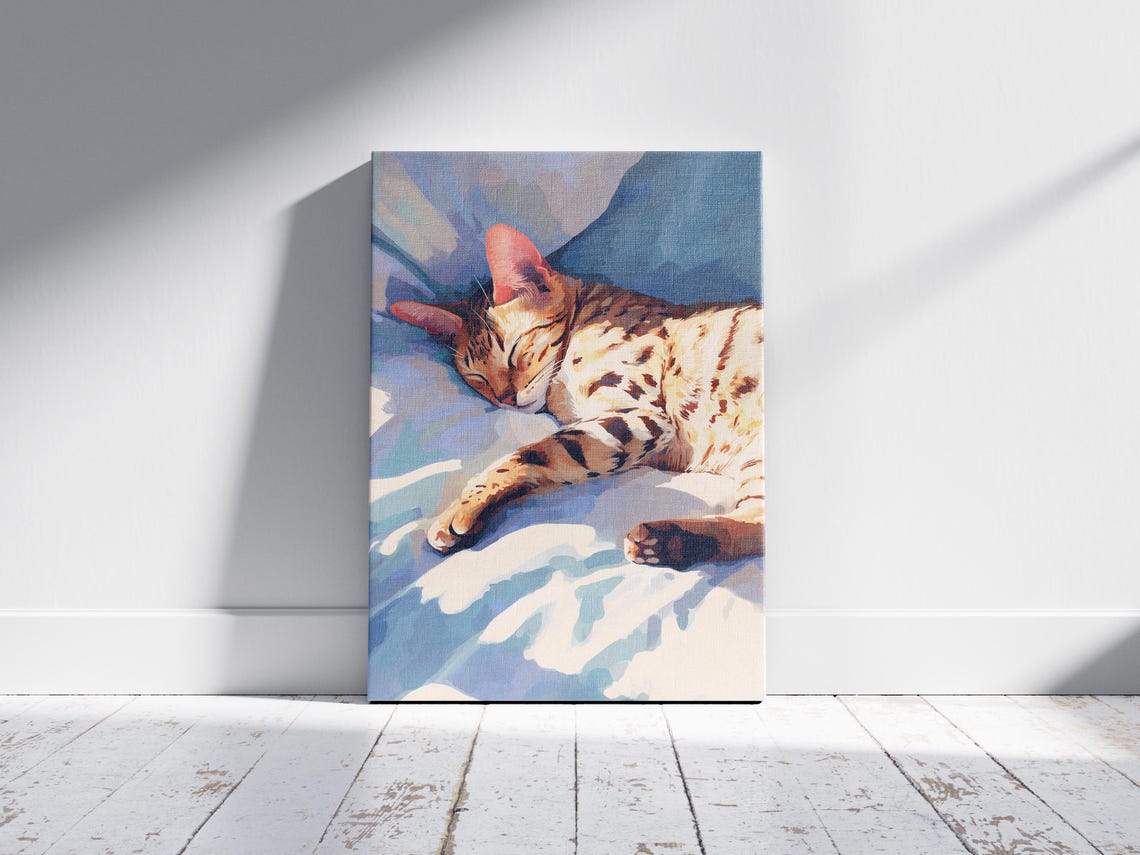 Savannah Kitten Sleeping in Sunlight on Blue Sheets Cat Art Poster - Image 2
