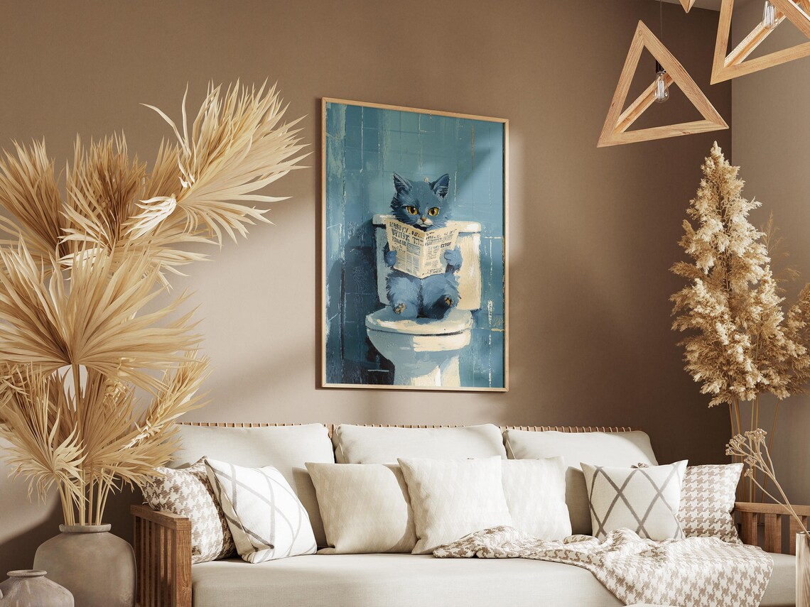 Blue Cat Reading Newspaper on Toilet Humorous Bathroom Poster - Image 3