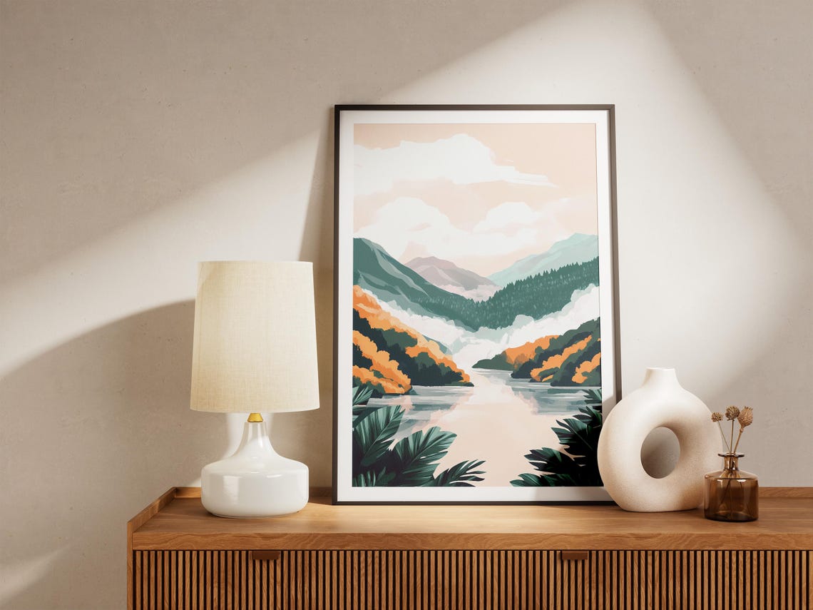 Foggy Mountain Lake Golden Hills Tropical Leaves Landscape Poster - Image 5