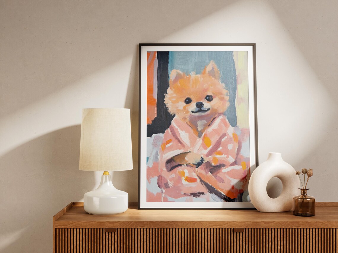 Smiling Pomeranian Puppy In Pink Robe Poster Cute Dog Bathroom Art - Image 4