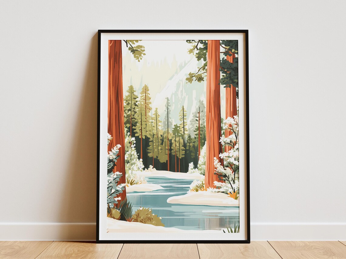 Snow Covered Winter Forest With Redwood Trees River Scene Poster