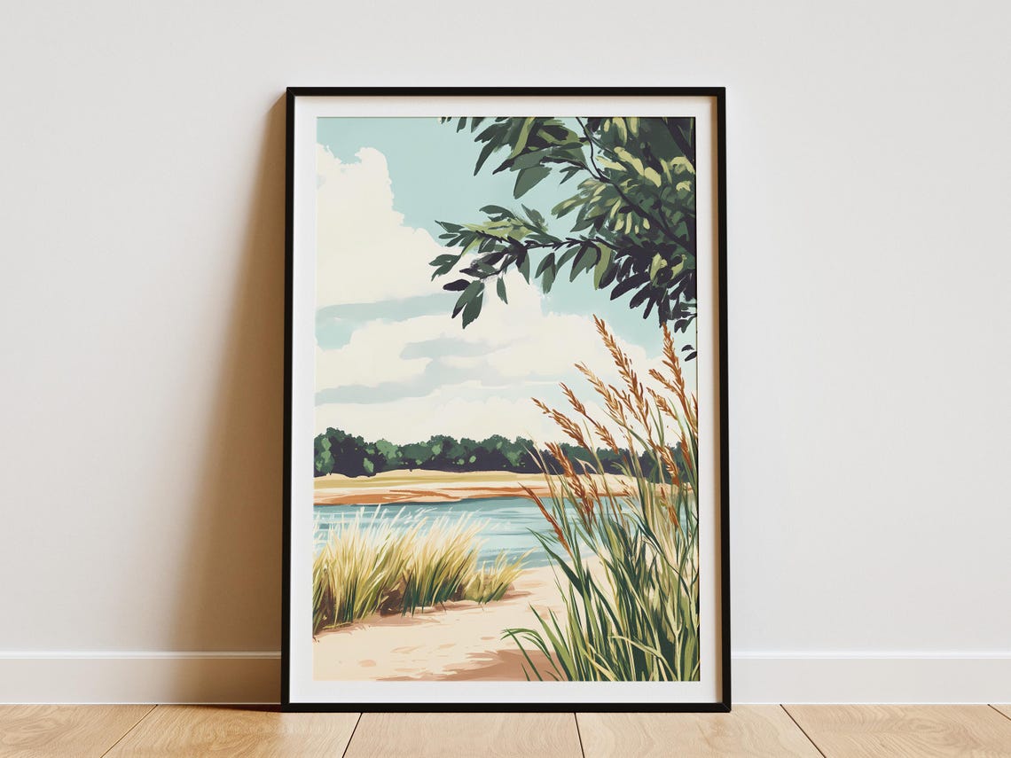Calm Lakeside Reeds on a Sandy Shore Modern Landscape Poster