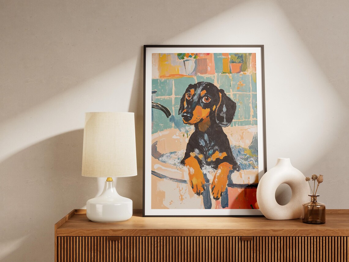 Dachshund Bath Time Print Dog In Tub Pet Portrait Modern Dog Art Whimsical Animal Painting Bathroom Decor Funny Dog Poster Dachshund Gift - Image 5