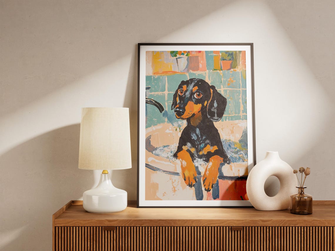 Dachshund in Bubble Bath Teal Bathroom Funny Dog Portrait Poster - Image 5