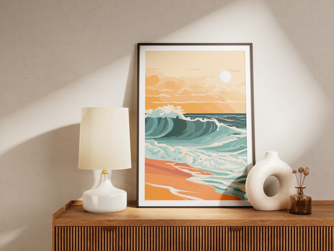 Ocean Wave Sunset Poster Teal Beach Art For Coastal Home Wall Decor - Image 4