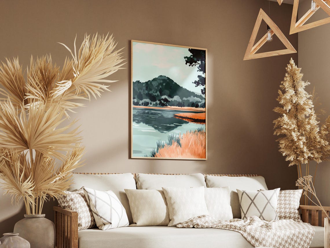 Mountain Lake Framed By Autumn Marsh Reeds Quiet Landscape Poster - Image 3