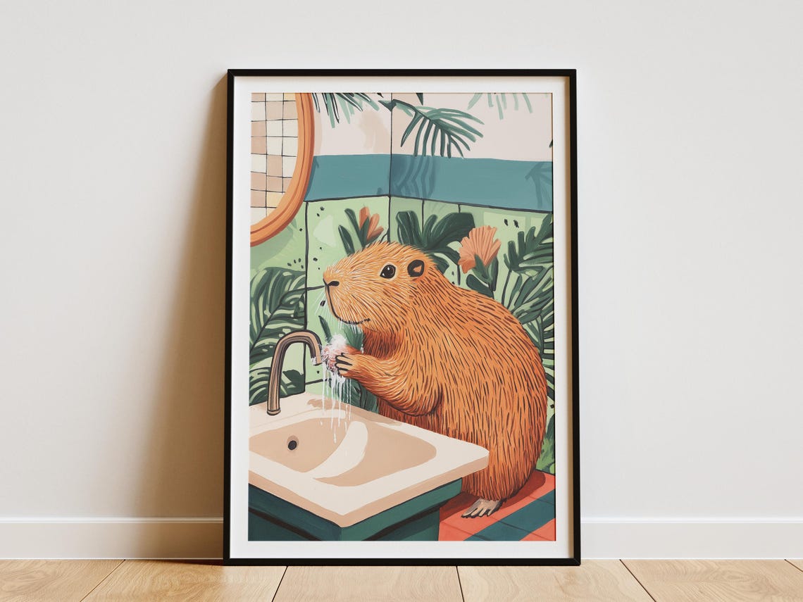 Capybara Bathroom Art Print, Funny Animal Decor