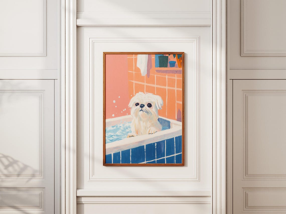 Maltese Dog Bubble Bath Cute Puppy Coral Bathroom Art Poster - Image 2