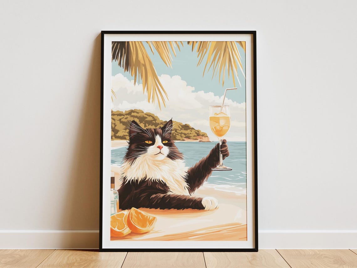 Fluffy Black And White Cat Toasting Cocktail At Beach Bar Poster