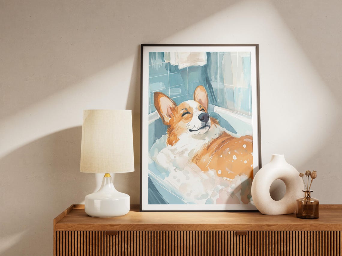 Cute Happy Corgi Bubble Bath Watercolor Blue Smiling Dog Poster - Image 4