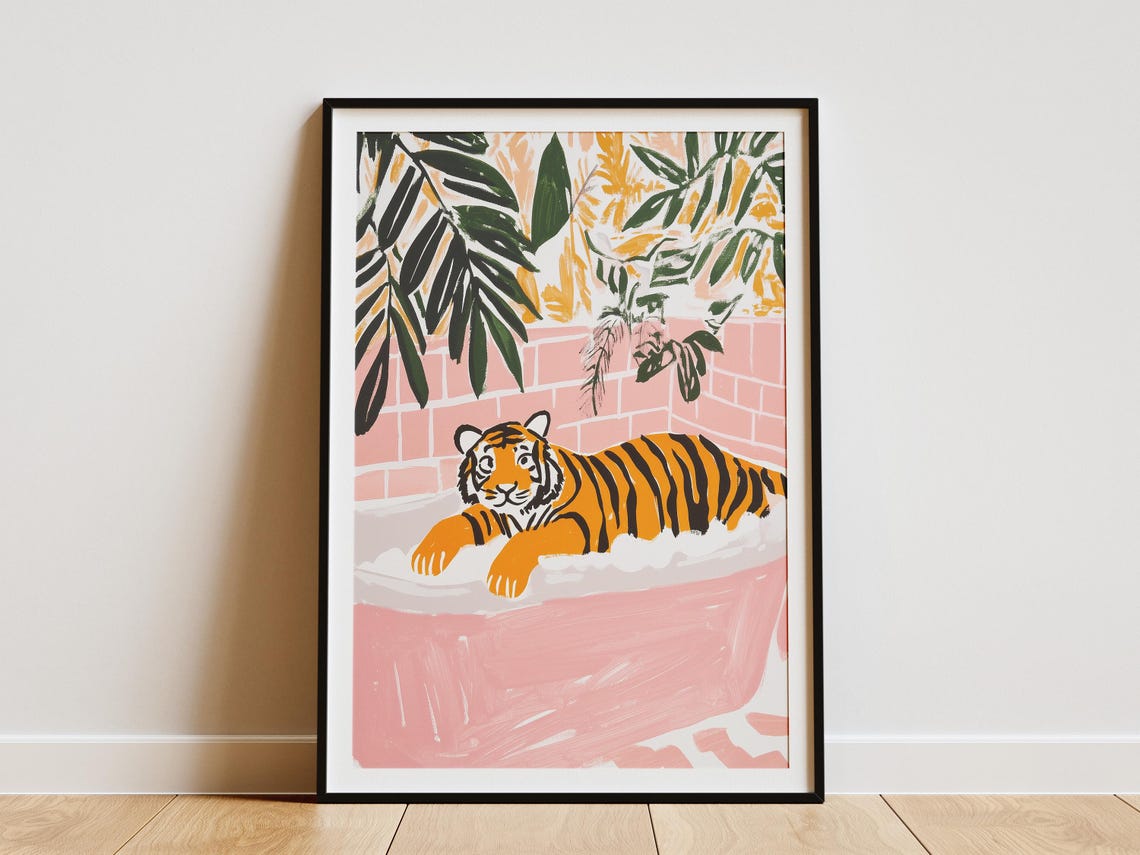 Tiger Lounging in Pink Bubble Bath Tropical Leaf Bathroom Poster