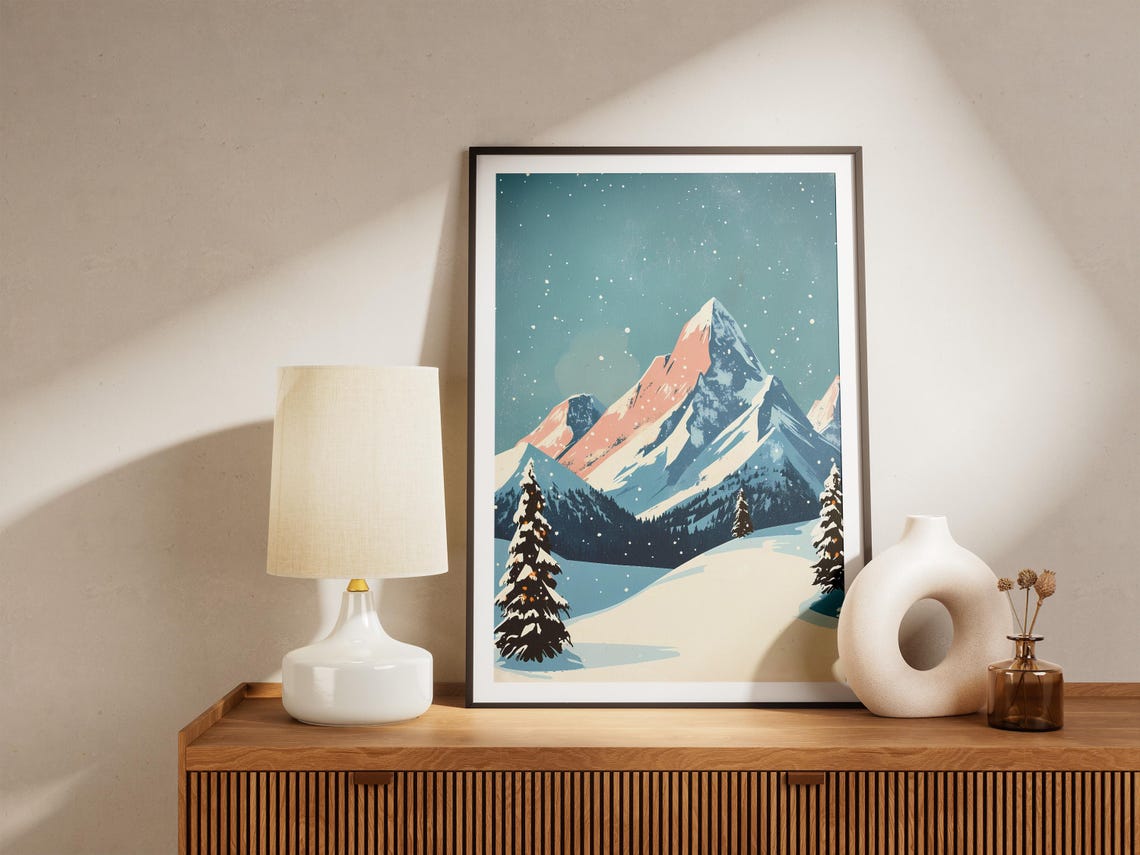 Snowy Mountain Peak With Pink Alpenglow Teal Starry Sky Poster - Image 5