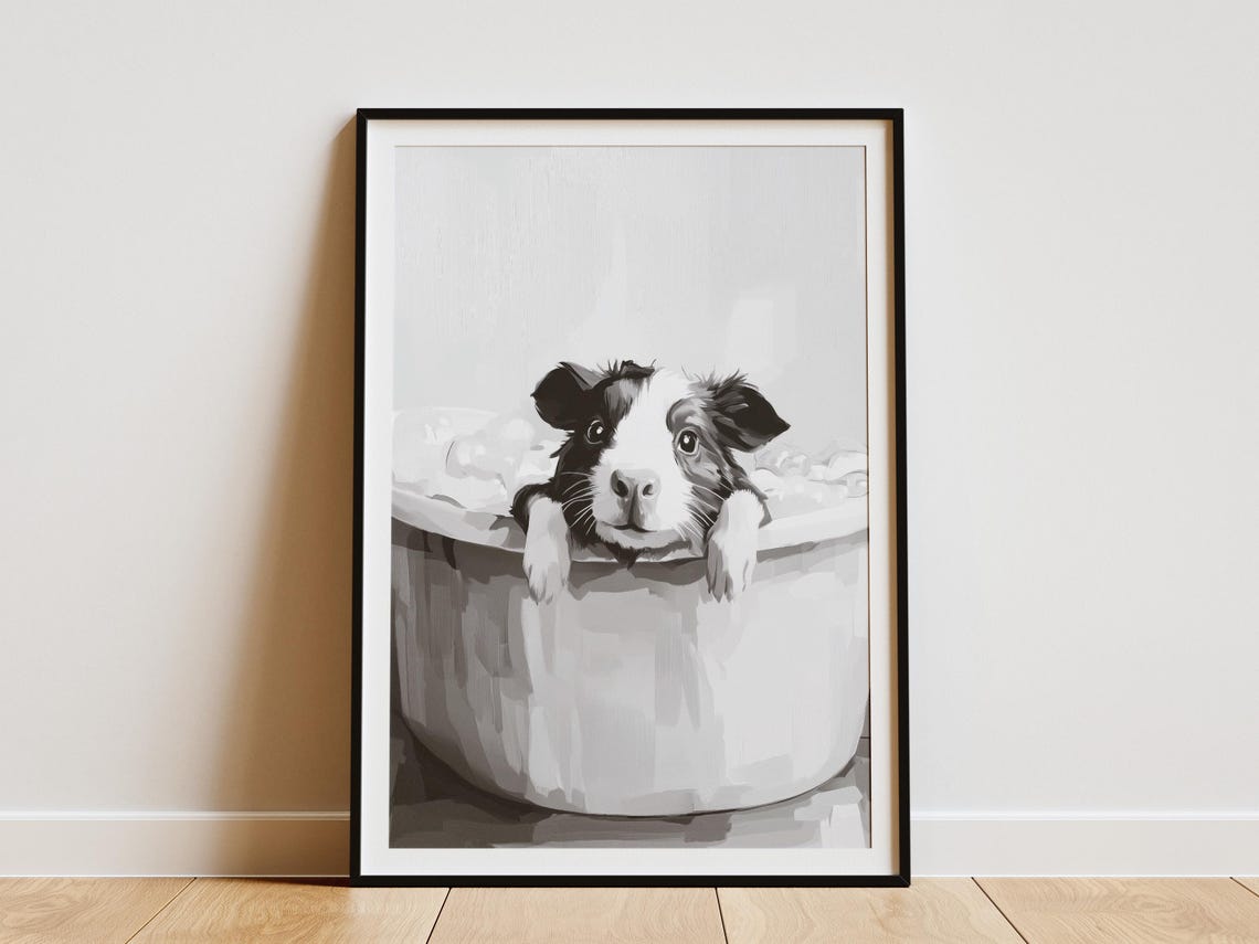 Guinea Pig In A Bubble Bath Black And White Cute Pet Art Poster