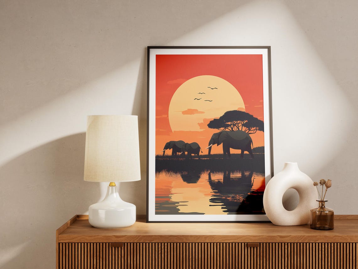 Botswana Safari Elephants Sunset Silhouette Wildlife Art Poster - Image 4