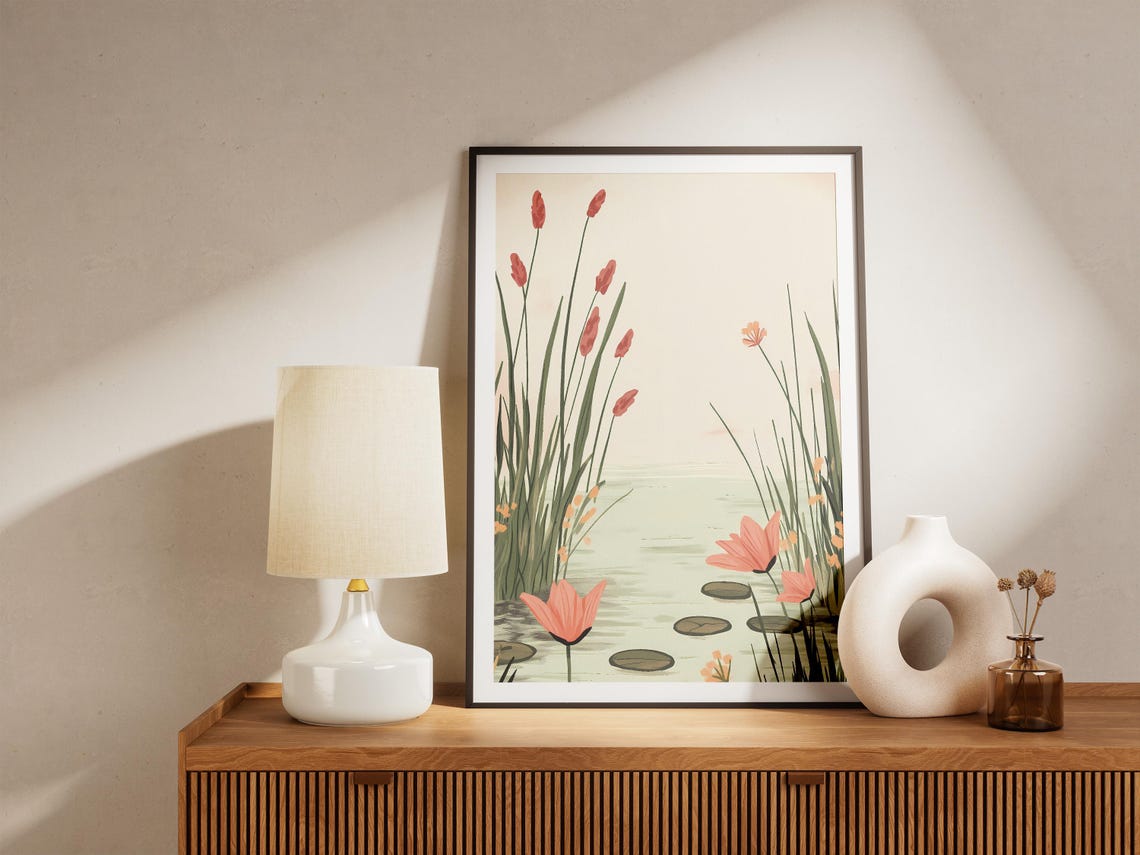 Pink Water Lilies and Cattails Serene Pond Botanical Art Poster - Image 5