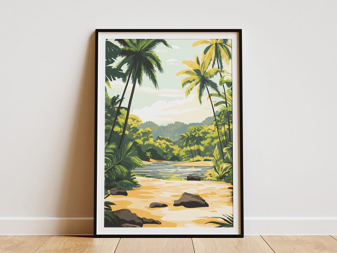 Ujung Kulon Jungle River Palm Trees Sandy Bank Indonesia Poster