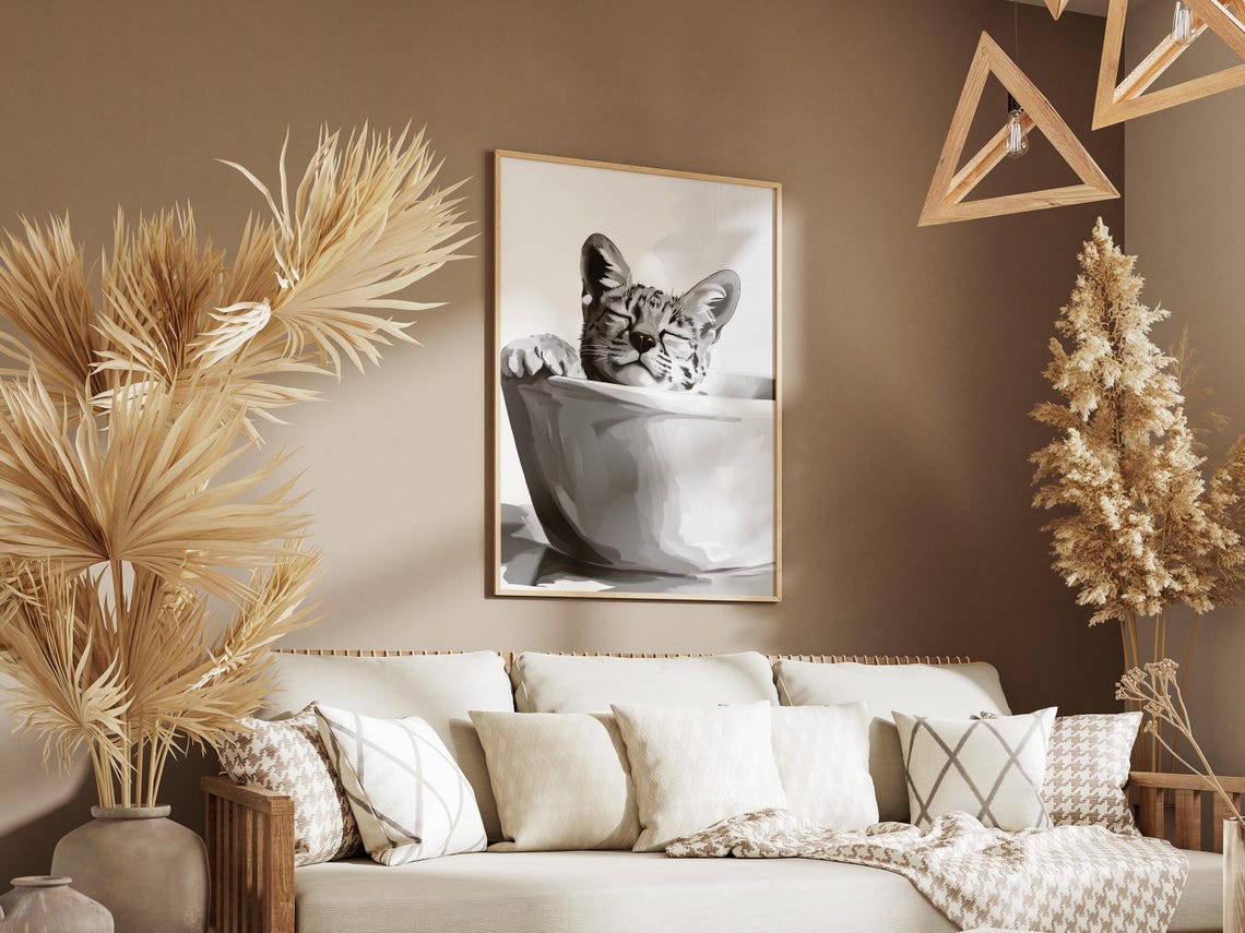 Serval Cat Bathtub Bubble Bath Art Print Minimalist Animal Poster Funny Bathroom Decor Modern Wall Home Lover Gift - Image 3