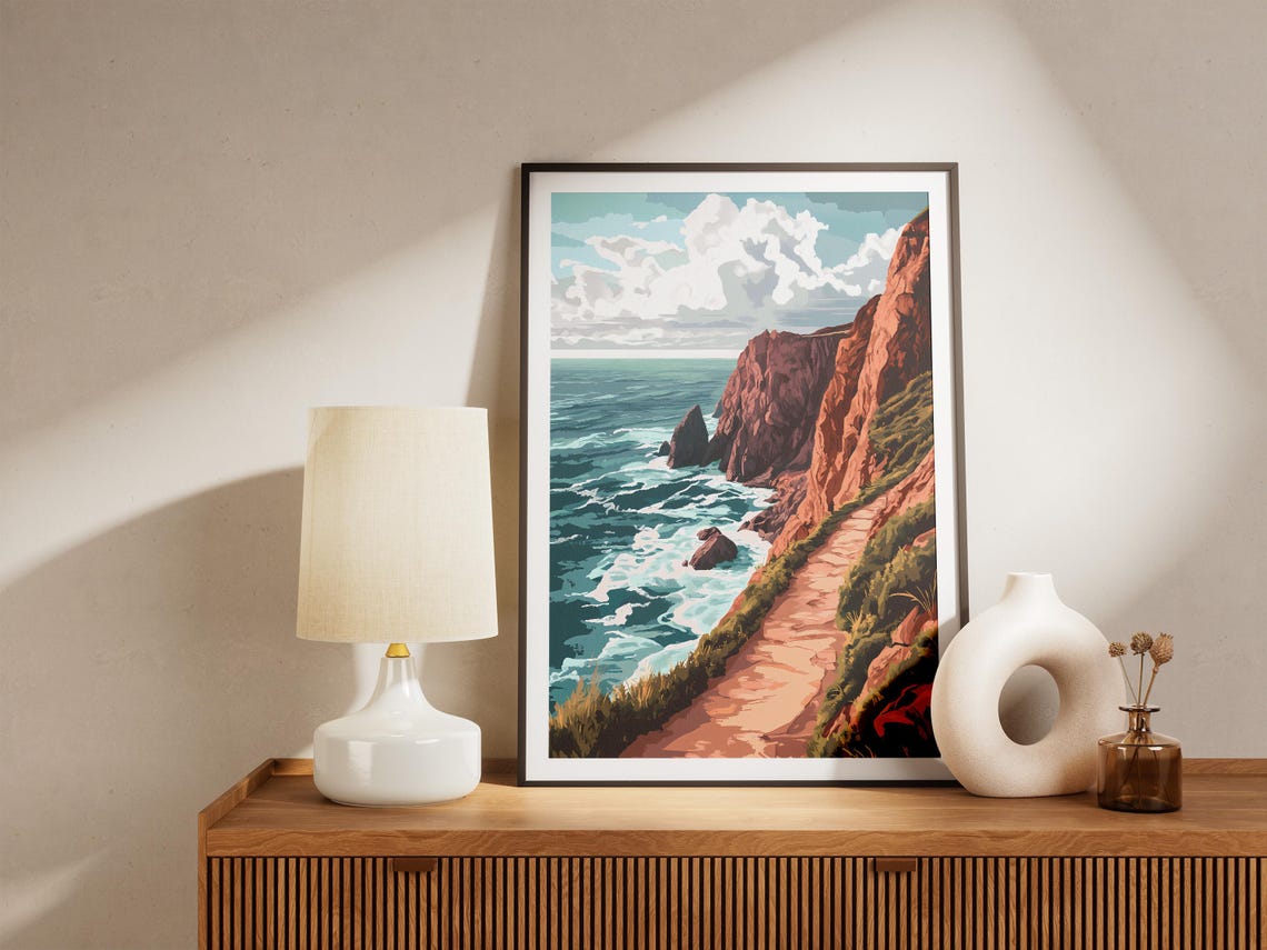 Red Rock Cliffside Trail Above Turquoise Ocean Illustration Poster - Image 5