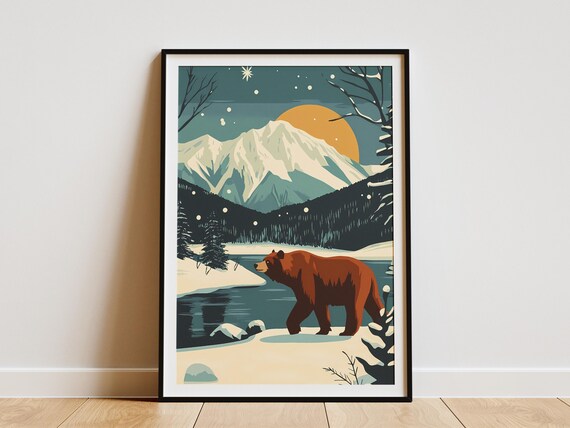 Brown Bear Walking Beside Snowy Mountain Lake At Sunset Poster
