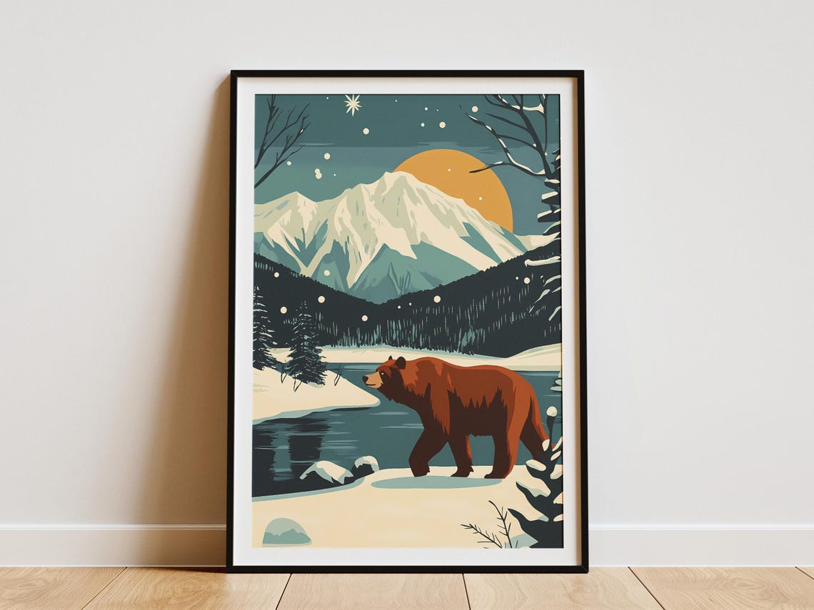 Brown Bear Walking Beside Snowy Mountain Lake At Sunset Poster